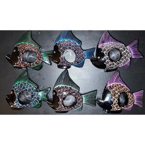 Set Of 6 Hand Painted Wood Tropical Fish Table Napkin Rings Holder Vintage